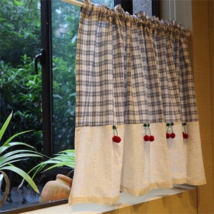 Linen Curtain Cherry Short Curtain Plaid Cabinet Curtain Rod Pocket Door Curtain Kitchen Curtain Cupboard Curtain Country Cafe Curtain