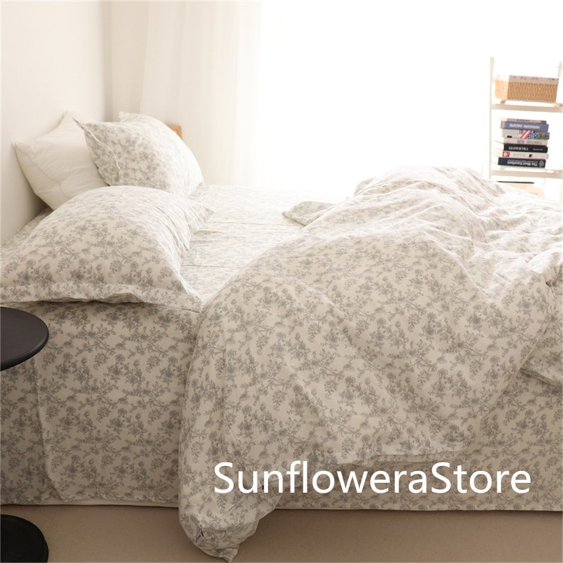 100 Cotton Duvet Cover Set Gray Flowers Comforter Cover Pillowcases
