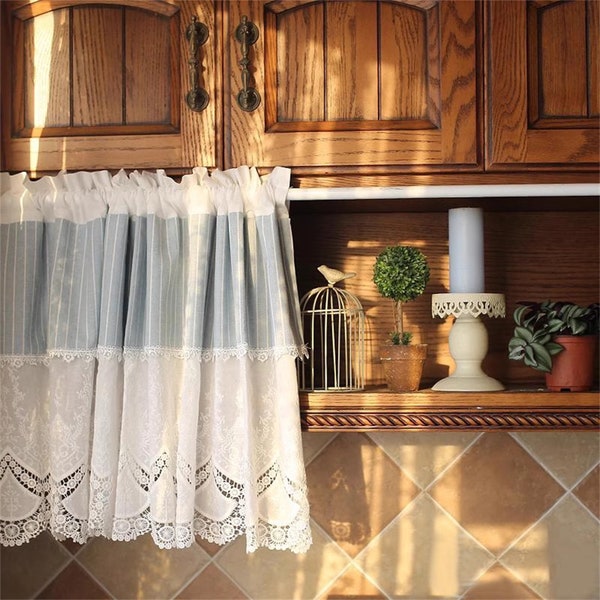 1 Panel Cupboard Curtain Lace Striped Short Curtain Cotton Cloth Cafe Curtain Cabinet Curtain Kitchen Curtain Decorative Panels Lace Curtain