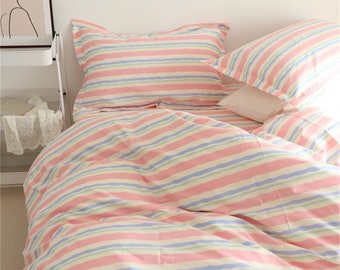 Pink Striped Duvet Cover Set Cotton Bedding Set Striped Pillowcases Striped Quilt Cover Pink Dorm Bedding Twin Full Queen Comforter Set