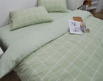 Green Gingham Bedding Set Plaid Duvet Cover Set 3pcs Dorm Bedding Green Back to School Bedding Full Queen Size Bedding with Pillowcases