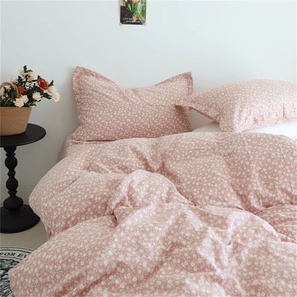 Romantic Pink Duvet Cover Set  Cotton Quilt Cover Floral Bedding Set Girls Bed Decor Pink Dorm Bedding Cottage-core Decor Housewarming Gift