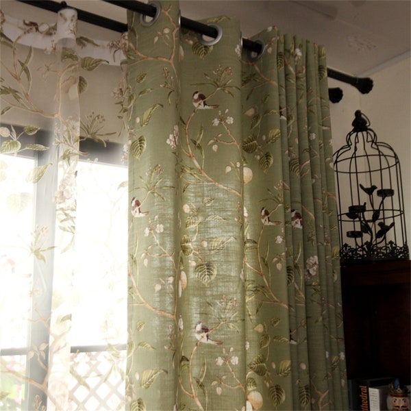 Rideau occultant vert pour chambre salon rideau Floral Extra Long rideaux rideaux faits à la main sur mesure branche et rideau d'oiseaux