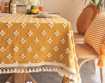 French Vintage Tablecloth with Tassels Yellow Table Cover Rectangle Picnic Cloth Outdoor Party Table Decor Table Linen Thick Tablecloth