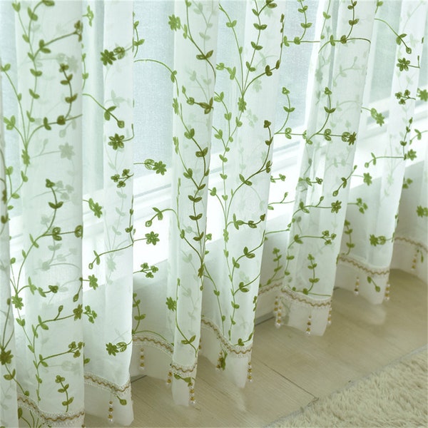 Rural Style Curtain Embroidered Leaf Curtain Green/White Leaf Curtain Cotton Linen Curtain Kitchen Curtain Living Room Drapes Custom Curtain