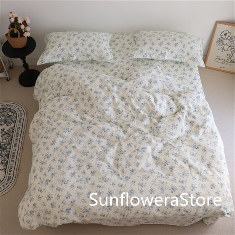 Blue Flowers Duvet Cover With Pillow Shams Floral Bedding Set Twin Full