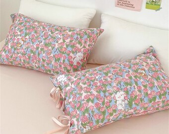 Tulip Pillowcases Pink Floral Pillow Shams Sheep Pillowcases Handmade Pillow Covers Strapped Pillowcases Flower Pillowcases Animal Pillow