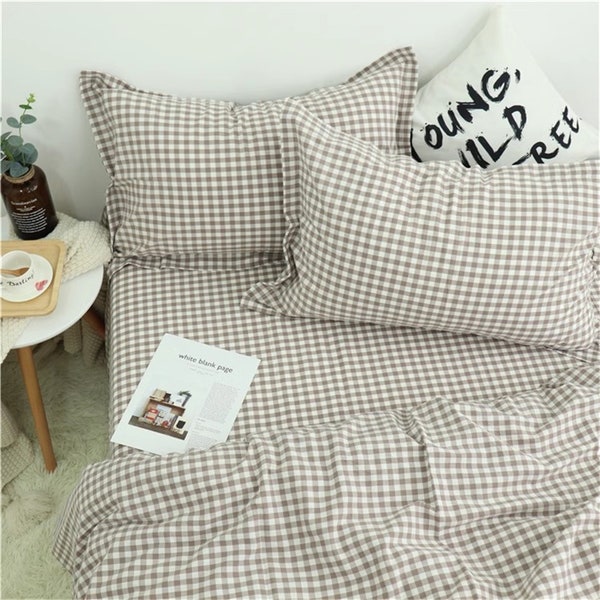 Gingham Duvet Cover Set Cozy Plaid Bedding Set 3pcs Dorm Bedding with Pillow Shams Lattice Bedding Full Queen Size Coffee Bedding Set