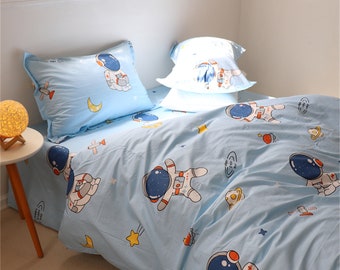 Blue/Coffee Bedding Set Twin Full Queen King Size Astronaut Duvet Cover Set Cute Cartoon Comforter Cover for Kids Starry Pillow Covers