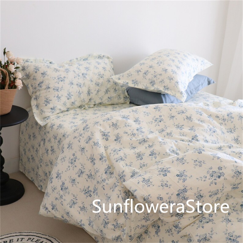 Blue Flowers Duvet Cover With Pillow Shams Floral Bedding Set Twin Full