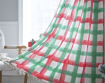 Gingham Curtain Red and Green Curtain Christmas Living Room Curtain Plaid Curtain Window Drapes for Living Bedroom Blackout Curtain