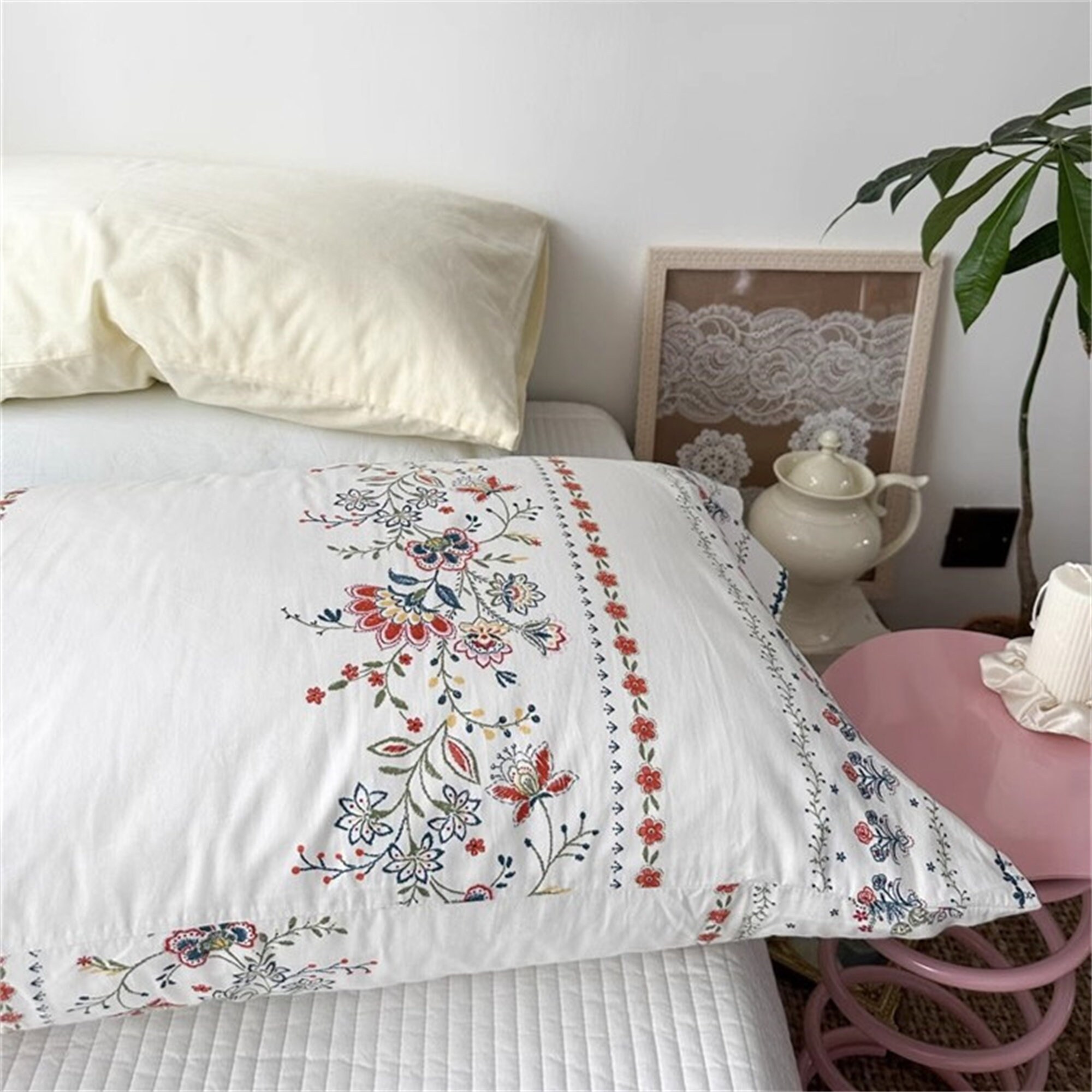 Boho Pillowcases Floral Pillow Shams Cream Yellow Pillowcases Solid