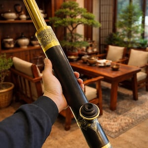 Puede incluir: Una pipa larga de madera oscura con detalles dorados y tallas ornamentadas. La pipa tiene forma cilíndrica con una boquilla acampanada y un cuenco. La pipa está sujeta en la mano de una persona.