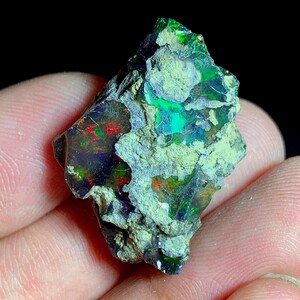 May include: A rough, uncut black opal gemstone with vibrant flashes of green, red, and blue. The opal has a dark base color with a textured, earthy appearance. The gemstone is held in a hand.