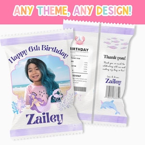 May include: Purple and white personalized birthday party favor bags with a mermaid theme. The front of the bag features a photo of a girl with a mermaid illustration and the text "Happy 6th Birthday Zailey". The back of the bag has the text "Thank you! Thank you so much for celebrating with me and making my day so fun! Love & Kisses, Zailey".