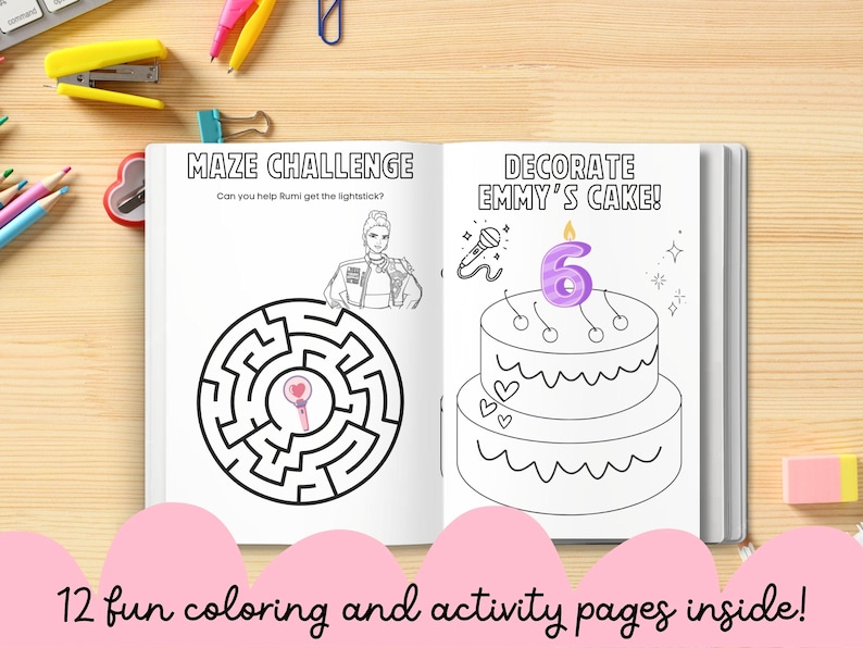 May include: Open activity book with two pages. One page features a maze with the text "MAZE CHALLENGE" and a drawing of a person. The other page shows a two-tiered cake with the text "DECORATE EMMY'S CAKE!" and a number 6 candle. Text at the bottom reads "12 fun coloring and activity pages inside!"