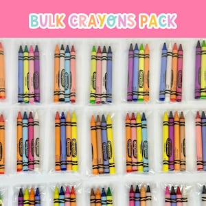 May include: A bulk pack of Crayola crayons in individual plastic bags. Each bag contains five crayons in assorted colors, including red, orange, yellow, green, blue, purple, brown, and black.