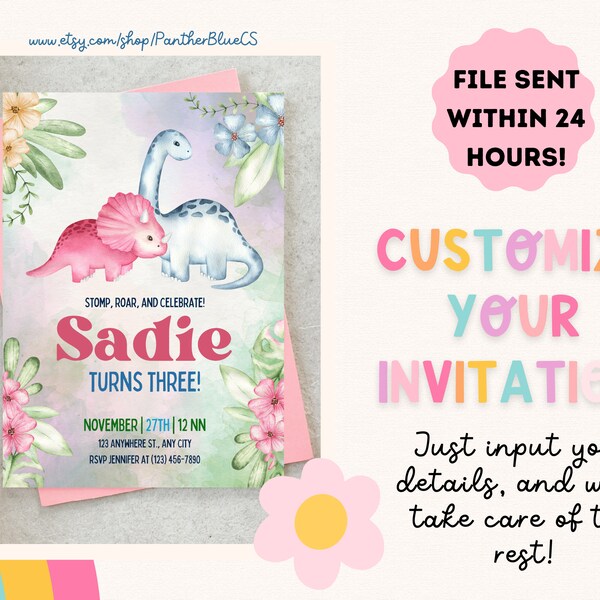 Custom Dinosaur Birthday Invitation for Girls | Personalized Dino Party Invite | 1st 2nd 3rd 4th 5th 6th 7th 8th 9th | Pink Watercolor