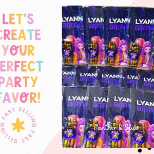 May include: Party favor bags with crayons, featuring a cartoon girl design. The bags are labeled "LYANN BIRTHDAY" and the text "LET'S CREATE YOUR PERFECT PARTY FAVOR!" is displayed in colorful letters. The logo "Panther & Blue" is also visible.