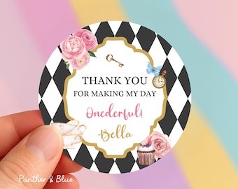 Onederland Thank You Sticker, Personalized Party Favor Label, 1st Birthday Girl, Birthday, Custom Whimsical Tea Party, Alice in Wonderland