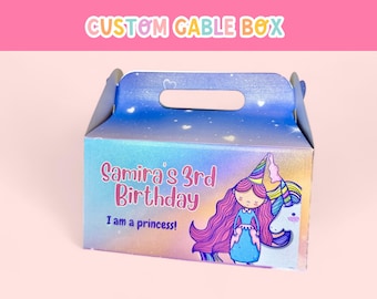May include: A blue and purple gable box with a unicorn and a girl wearing a crown and a blue dress. The box says "Samira's 3rd Birthday I am a princess!"