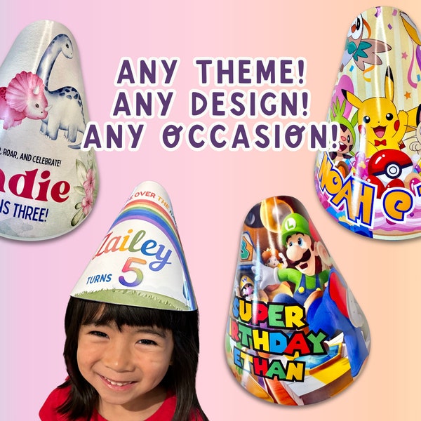 Custom Party Hats | Personalized Design | for Birthday Party or Any Event | Party Decorations, Party Supplies, Customized Photos FREE LAYOUT