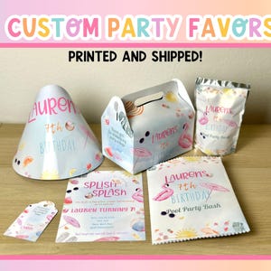 May include: A collection of custom party favors, including a party hat, gift box, popcorn bag, invitation, and tag. The items feature a beach theme with flamingos, umbrellas, and the text "Lauren's 7th Birthday".
