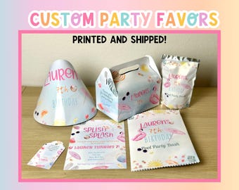 May include: A collection of custom party favors, including a party hat, gift box, popcorn bag, invitation, and tag. The items feature a beach theme with flamingos, umbrellas, and the text "Lauren's 7th Birthday".
