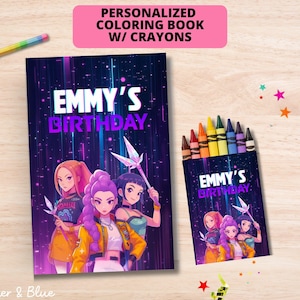 May include: A personalized coloring book and a box of crayons. The cover of the book and the crayon box feature a vibrant illustration of anime-style characters with the text "EMMY'S BIRTHDAY". The top of the image has the text "PERSONALIZED COLORING BOOK W/ CRAYONS".