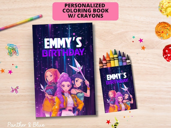 K-pop Magic Birthday Coloring Book with Crayons – Personalized Girl Party Favor, Pop Star Activity Book, Huntrix, Saja Boys Party Favor
