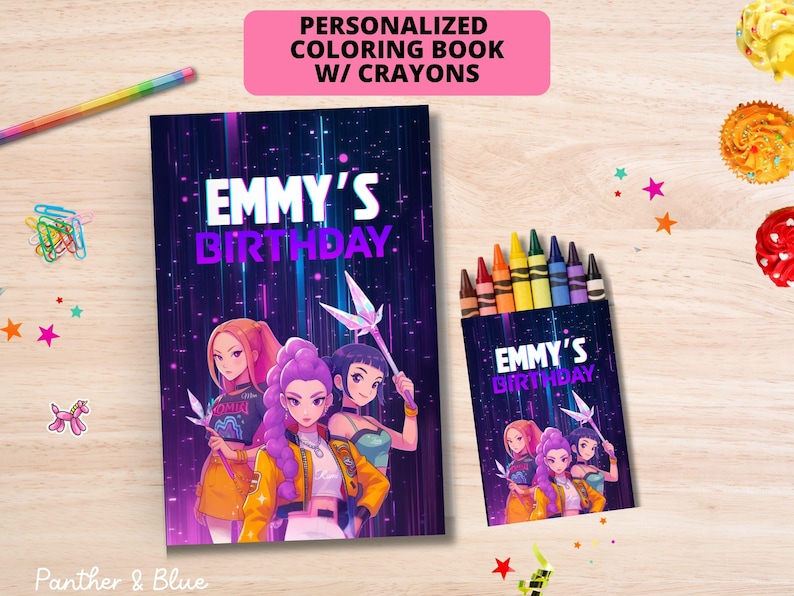 May include: A personalized coloring book and a box of crayons. The cover of the book and the crayon box feature a vibrant illustration of anime-style characters with the text "EMMY'S BIRTHDAY". The top of the image has the text "PERSONALIZED COLORING BOOK W/ CRAYONS".