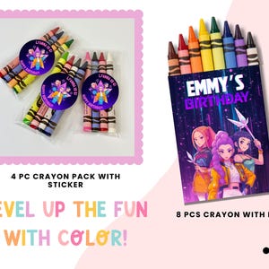 May include: Crayon packs and a box of crayons. The packs have stickers that say "Lianna is 6! Happy Birthday!" The box says "Emmy's Birthday" and features a colorful illustration of three girls. Text reads "Level up the fun with color!"