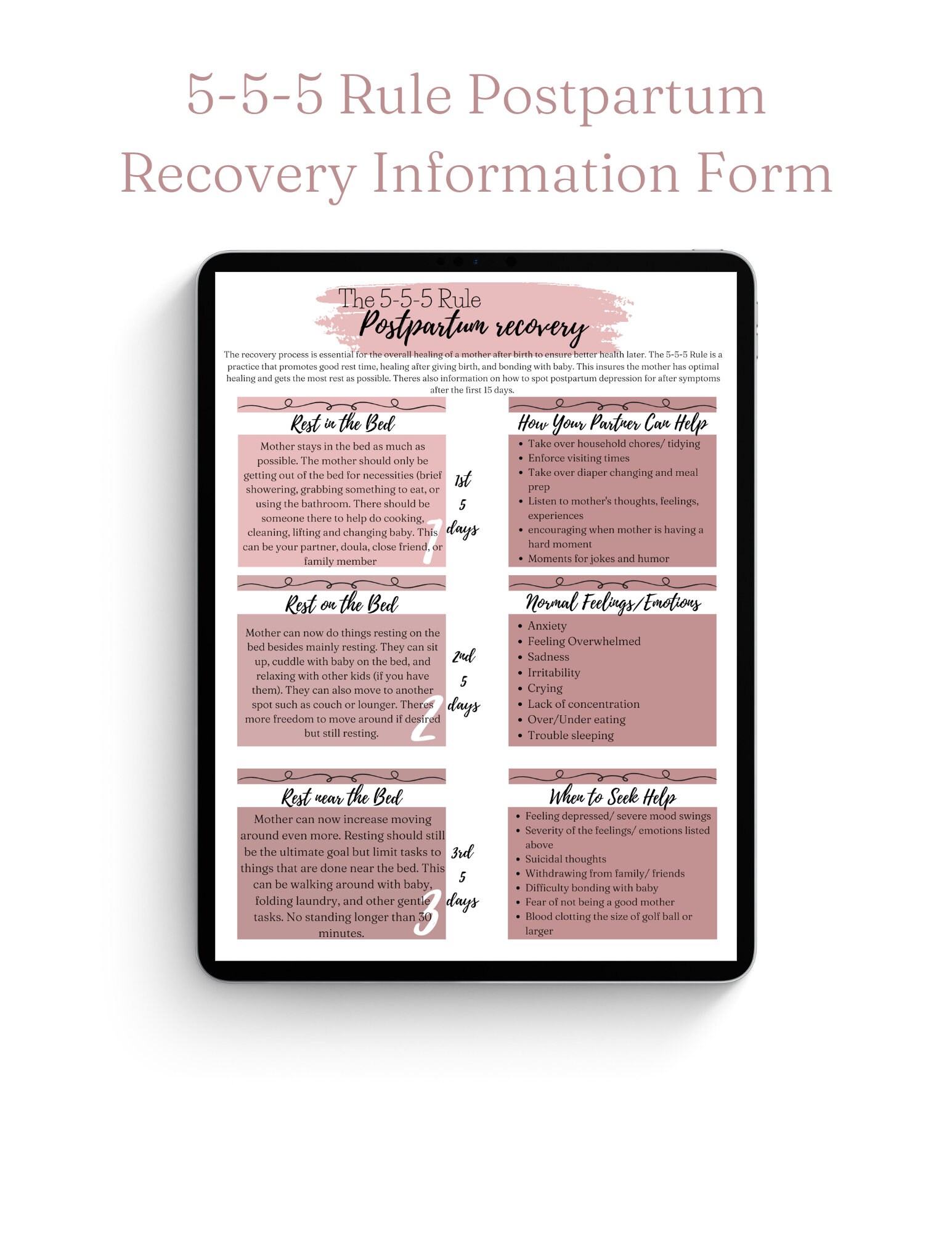 Postpartum Recovery Handout 555 Rule Doula Handout Etsy