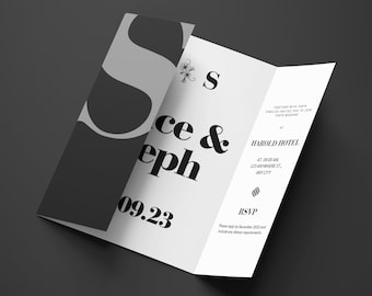Modern Black & White Gatefold Wedding Invitation Template (Canva)