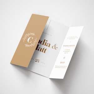 Two Tone Gatefold Wedding Invitation Brown Wedding Invitation Template Classic Wedding Invitation Simple Canva Editable Wedding Invitation