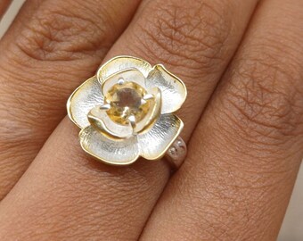 Yellow Citrine  Flower Ring , November Birthstone Ring,  Stacking Ring, Flowers Ring, Ring, Stackable Stone Ring