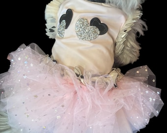 Pastel Pink Dog Tutu Dress with Rhinestone Hearts, Small Dog Birthday or Valentine’s Dress, Fancy Dog Outfit, Designer Dog Wear
