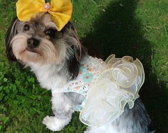 Floral Dog Birthday Tutu Dress with Oversized Hair Bow, Fancy Dog Dress, Small Dog Party Outfit, Handmade Dog Clothes, Dog Dress Gift
