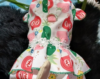 Strawberry & Pomegranate Dog Dress, Ruffle Lace Dog Outfit, Cottagecore Dog Clothes, Fruit Print Dog Dress for Small Pets