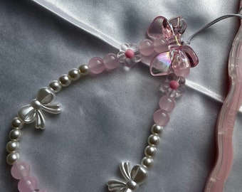 Phone Charm Pink Rosa Handykette mit schleifen pinke Perlen Handy Kette mit Schleifchen und Blumen