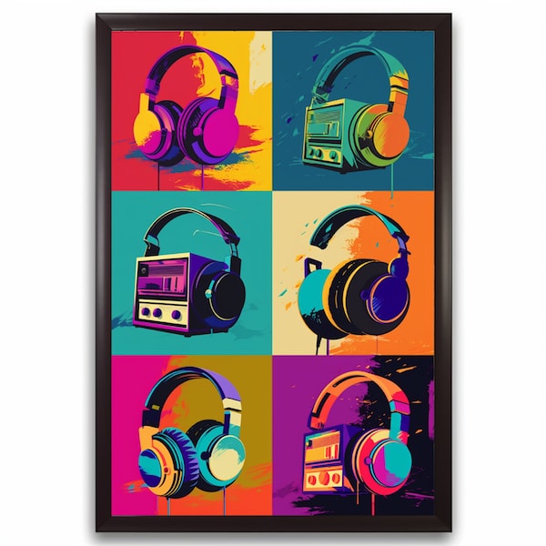 Pop Art wall poster. Music headphones themed bright pop art digital download printable wall art. Neon pop art retro wall poster.