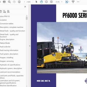 May include: A Volvo PF6000 Series paver manual cover featuring a yellow and black construction machine on a paved surface. The text reads Volvo Pavers PF6000 Series, More Care. Built In., and includes the Volvo logo on a dark blue background.