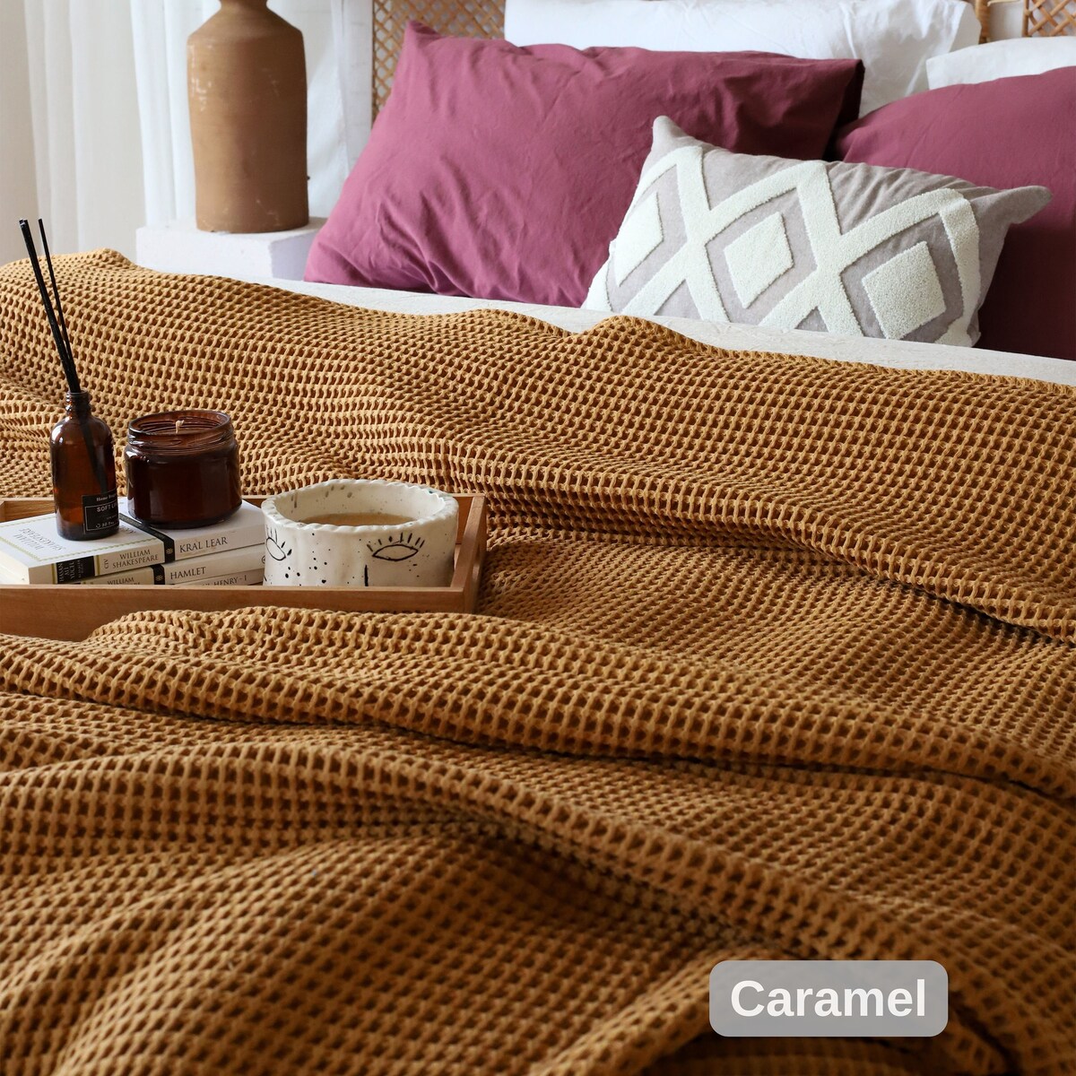 Waffle Weave Natural Cotton Bedspread, Luxury Queen Bed Cover,
