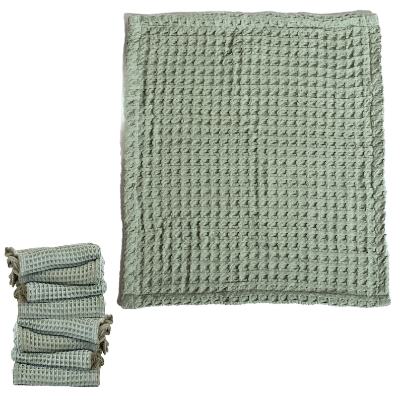 Sage Green Waffle Towels Sets for Bathroom, Organic Turkish Cotton Luxury Waffle Weave Bath Towels Hand Towels and Washcloths - Sage Green Towels ETSY-4