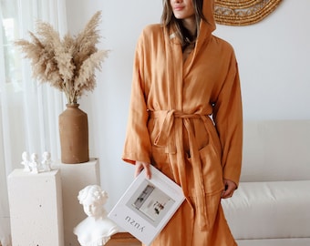 2 Layer Hooded Muslin Bathrobe in Turkish Cotton Gauze, Soft Dressing Gown for Women, Lightweight and Thin Bath Wear Featuring Pockets