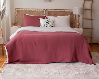 Double Sided Colorful 4 Layer Gauze Duvet Cover, Chic Oversize Rustic Cotton Queen Comforter Set, Customized Natural Muslin King Bedding