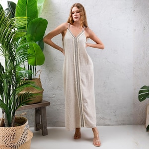 Vestido Longo, Vestido de Praia de Musselina de Algodão e Cânhamo, Vestido de Alças com Bolsos, Boho Verão, Tamanho Único, Ecru Natural