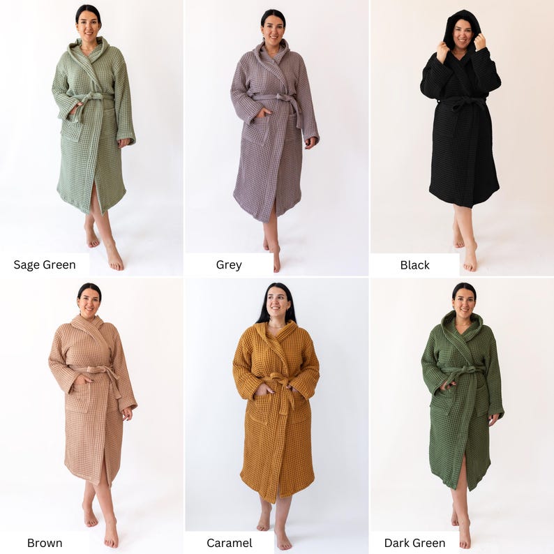 Color chart of the waffle robe: six of the twelve available colors shown on a model, including neutrals and deep tones – elegant cotton waffle housecoat