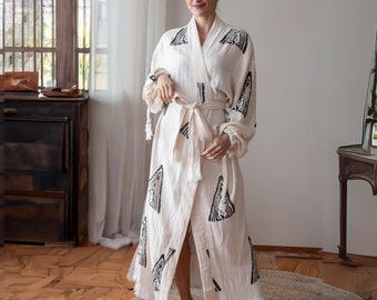 Boho Handmade Natural Cotton Kimono Robe, Lightweight Ethnic Festival Beach Wear, Yoga Cardigan for Vacation, Stone Printed Morning Robe