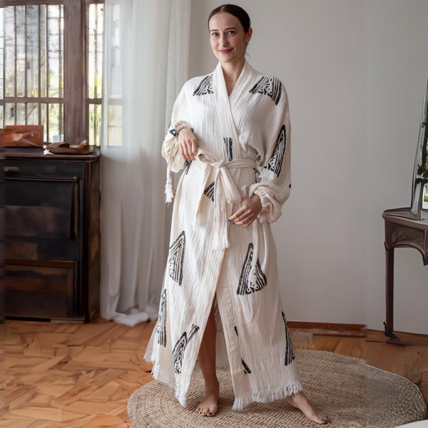 Boho Handmade Natural Cotton Kimono Robe, Lightweight Ethnic Festival Beach Wear, Yoga Cardigan for Vacation, Stone Printed Morning Robe